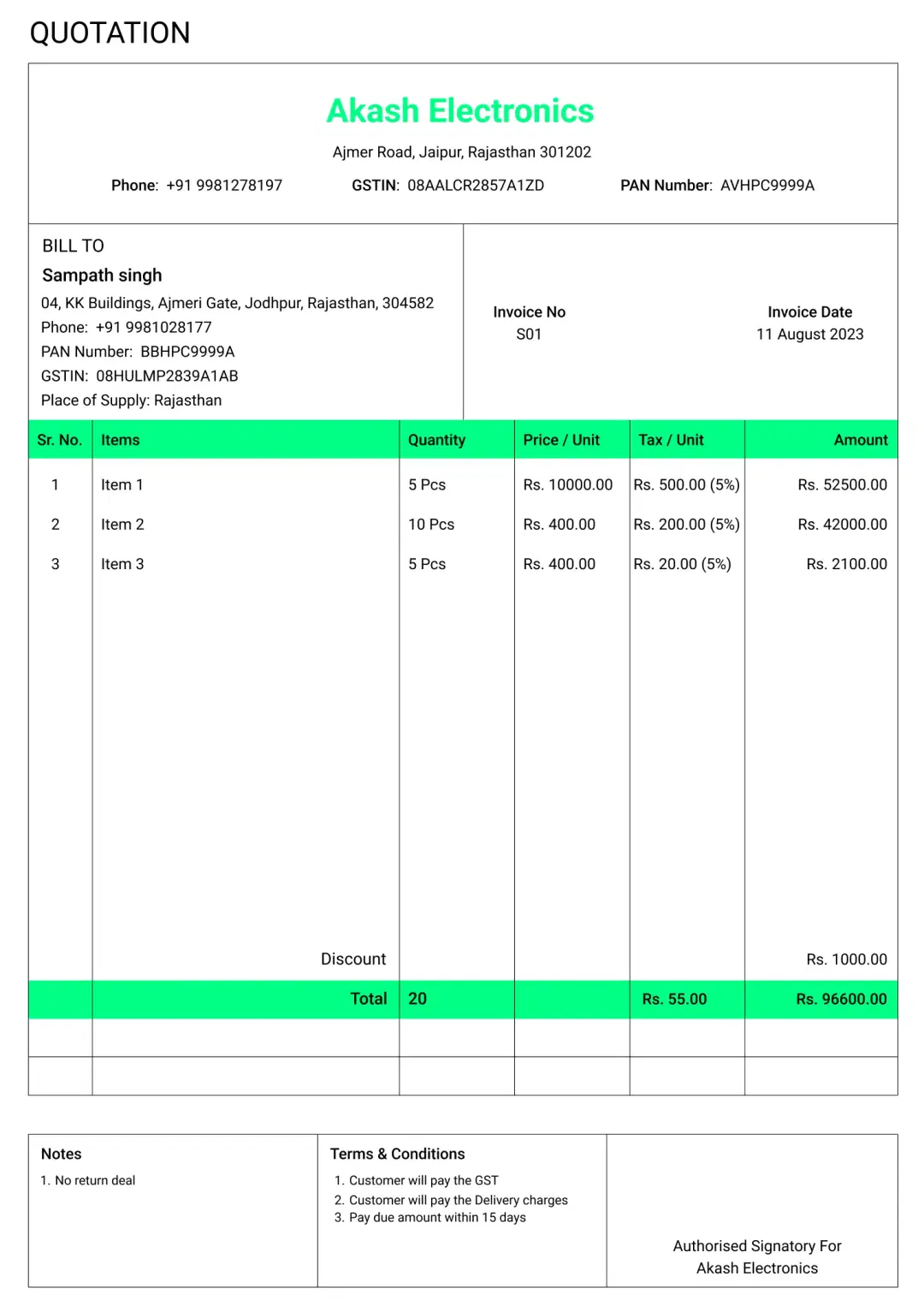 classic electronics shop quotation format to create professional quotation