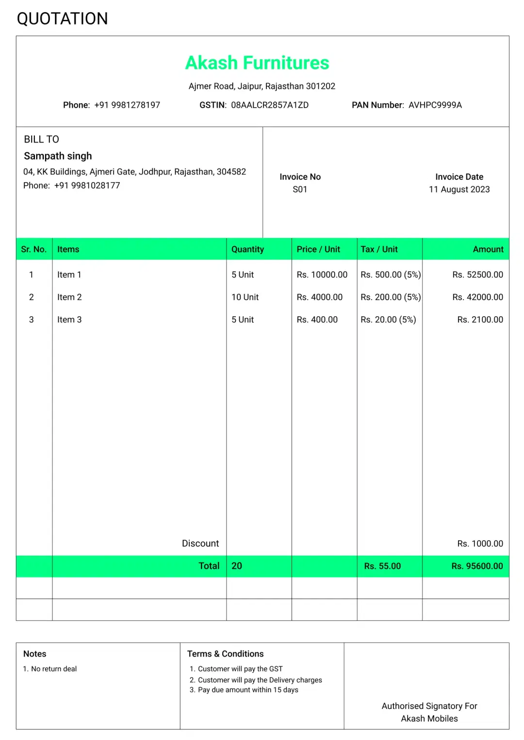 Classic furniture shop quotation format to create professional quotation