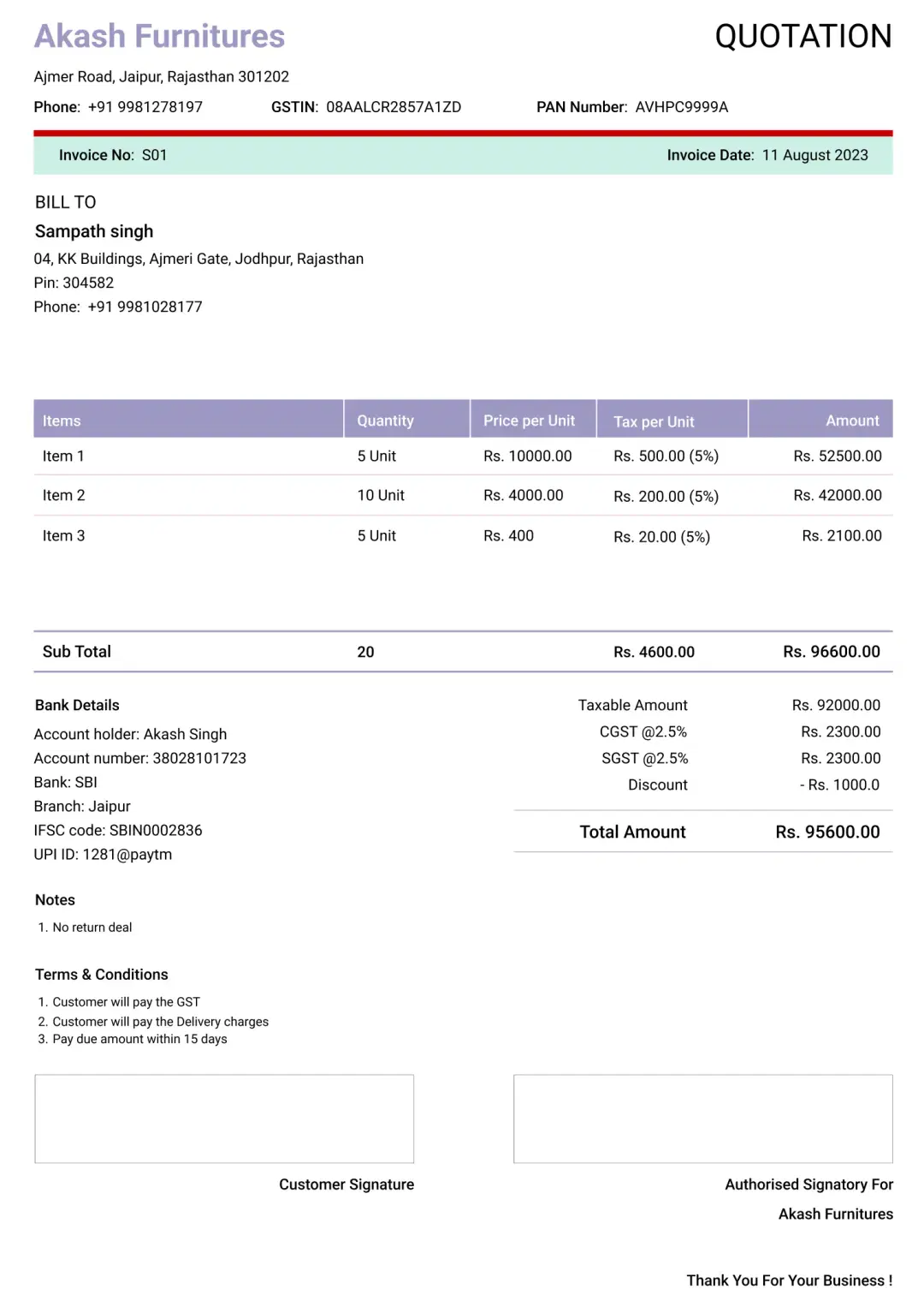 Modern furniture shop quotation format to create professional quotation