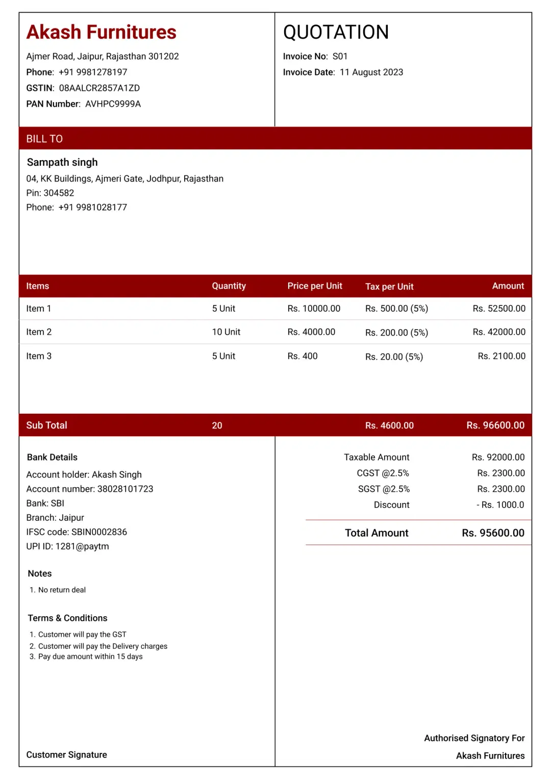 Standard furniture shop quotation format to create professional quotation