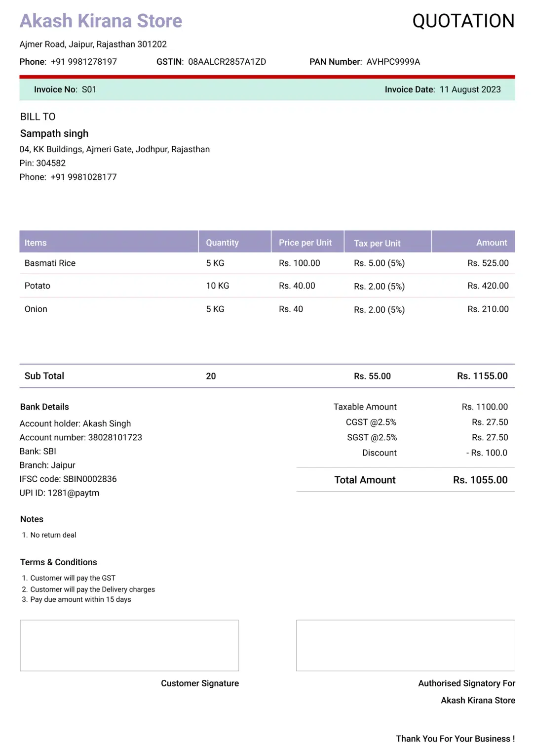 Modern grocery shop quotation format to create professional quotation