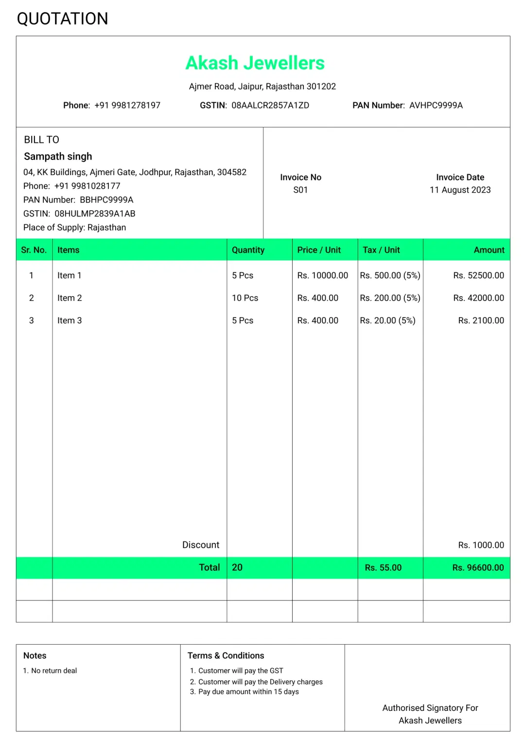 classic jewellery shop quotation format to create professional quotation