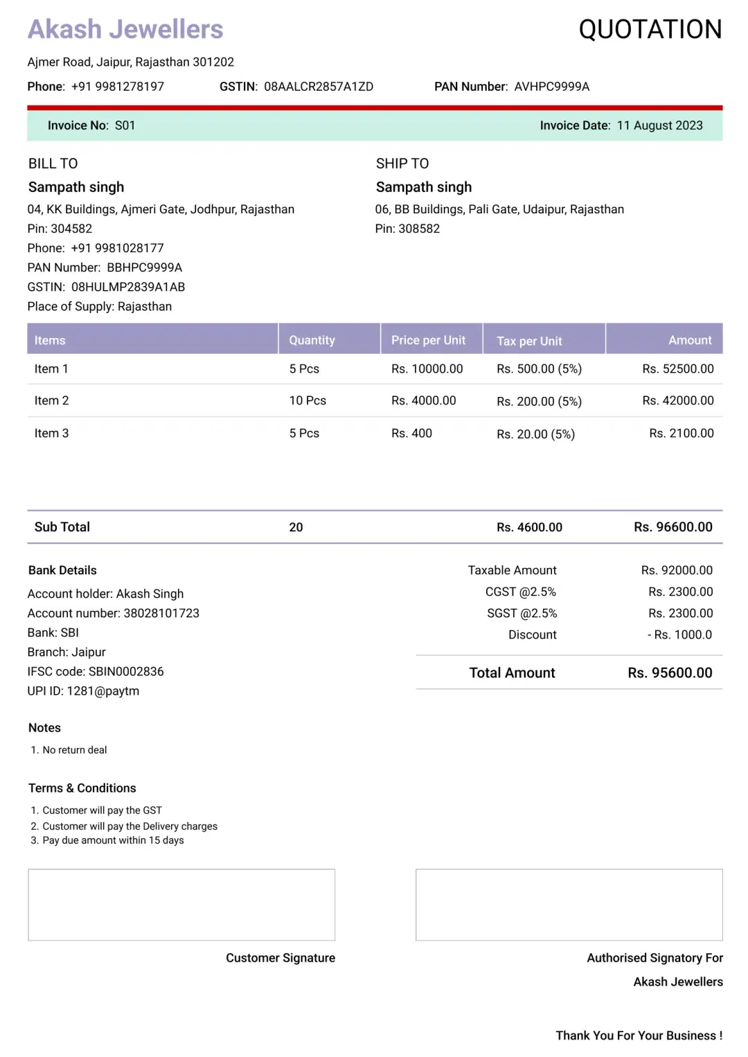 modern jewellery shop quotation format to create professional quotation