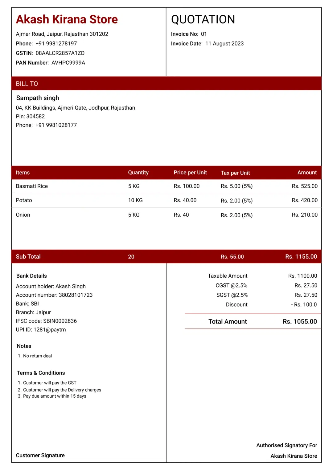 standard kirana store quotation format to create professional quotation