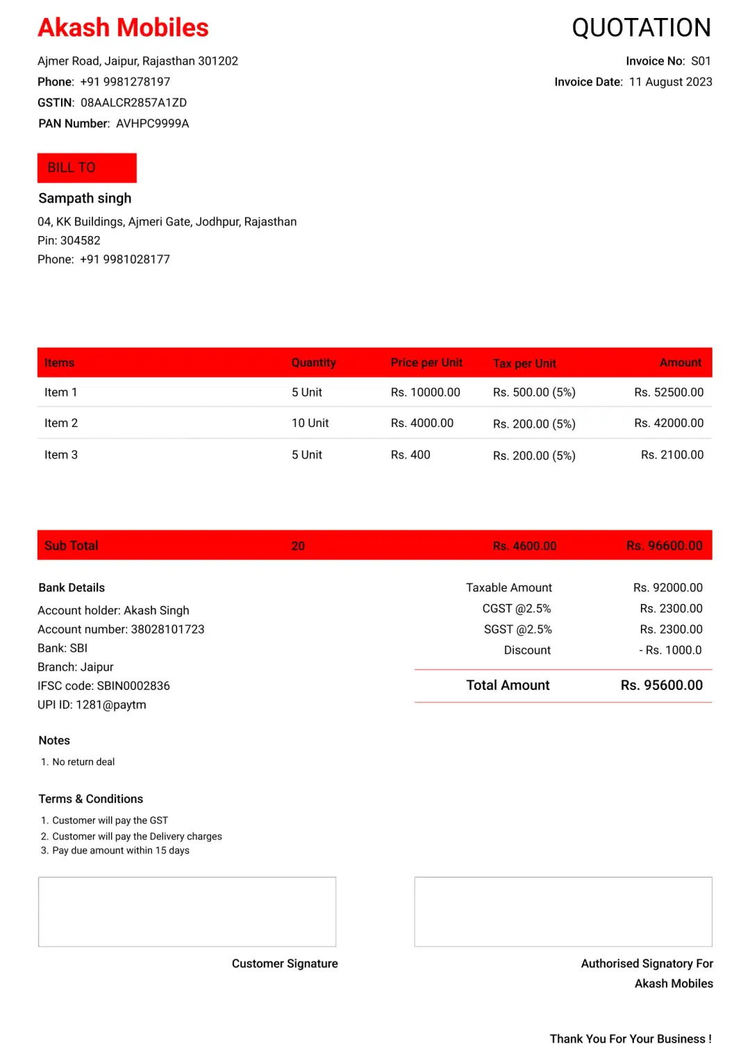 Enterprise mobile shop quotation format to create professional quotation