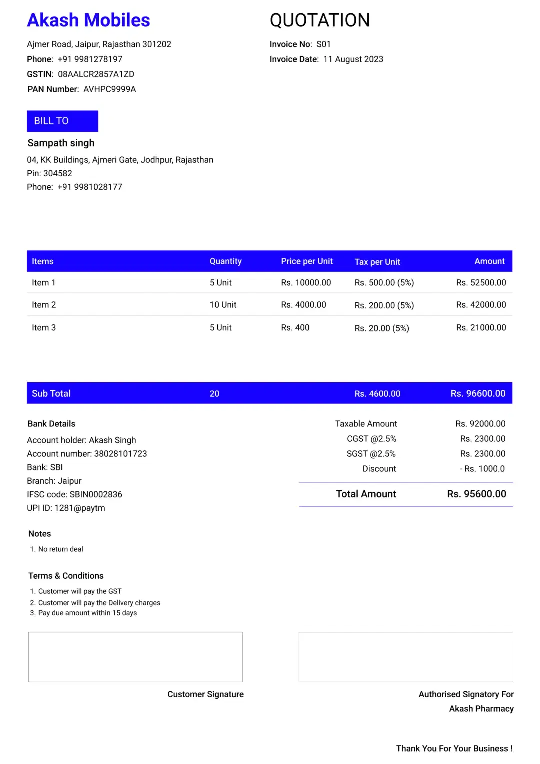 Stylish mobile shop quotation format to create professional quotation