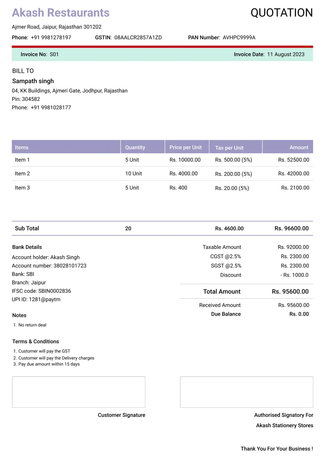 modern restaurant quotation format to create professional quotation